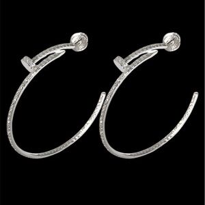Twisted Nail Rhinestone bling silver Plated Hoop Earrings